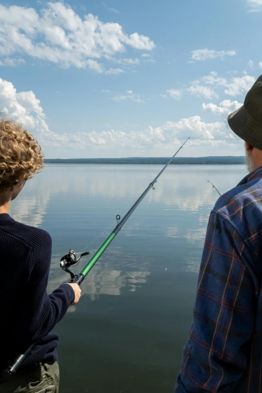 a man and a boy fishing on a lake, a picture, by Eero Järnefelt, shutterstock, close - up photo, grey, lake blue, teenagers