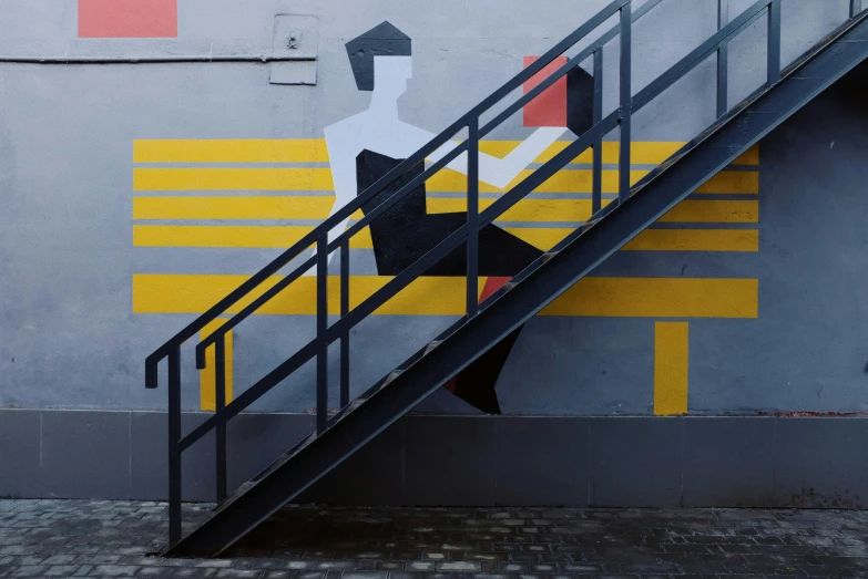 a painting of a man sitting on a bench on the side of a building, inspired by Bauhaus, pexels contest winner, 1 staircase, on a black wall, anna nikonova, wall painting