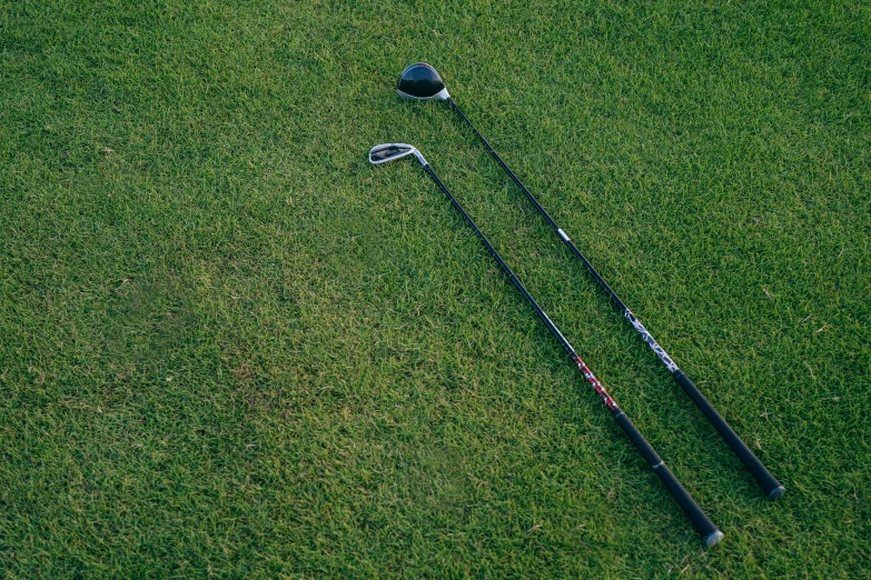 a couple of golf clubs sitting on top of a lush green field, by Matt Cavotta, avatar image, journalism photo, instruments, profile pic