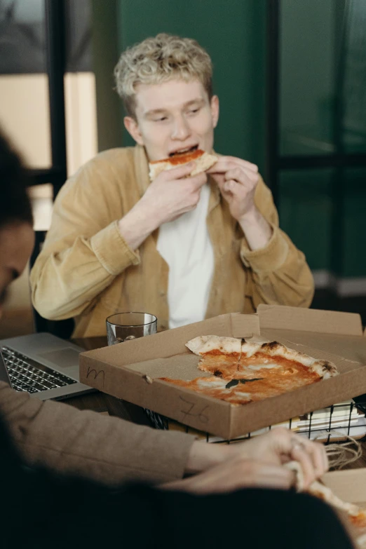 a group of people sitting around a table eating pizza, sat in an office, profile image, pizza box, thumbnail