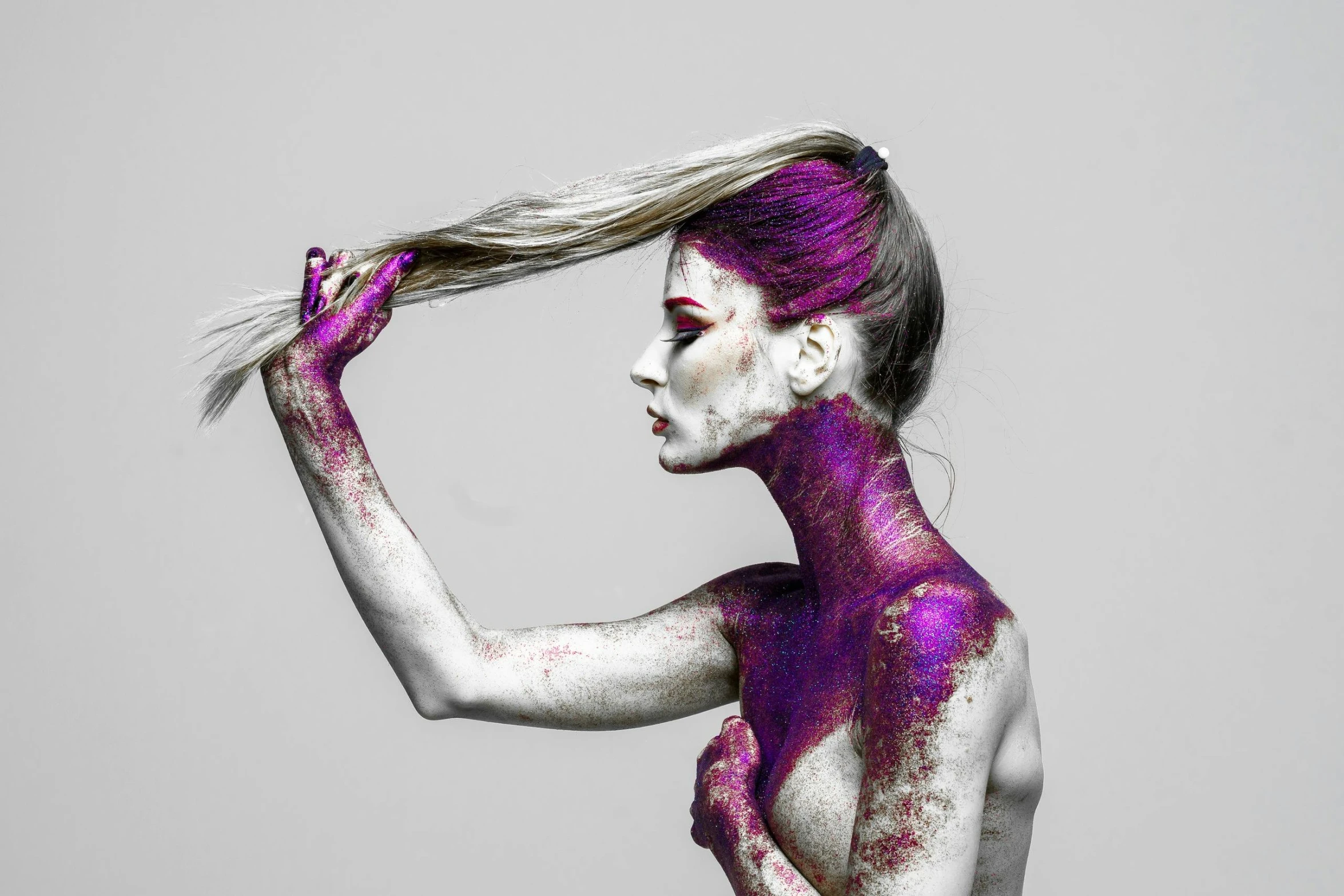 a woman with purple paint on her body, an album cover, pexels contest winner, art photography, lindsay adler, hair coloring, humanoid flora, ryan glitter concept artist