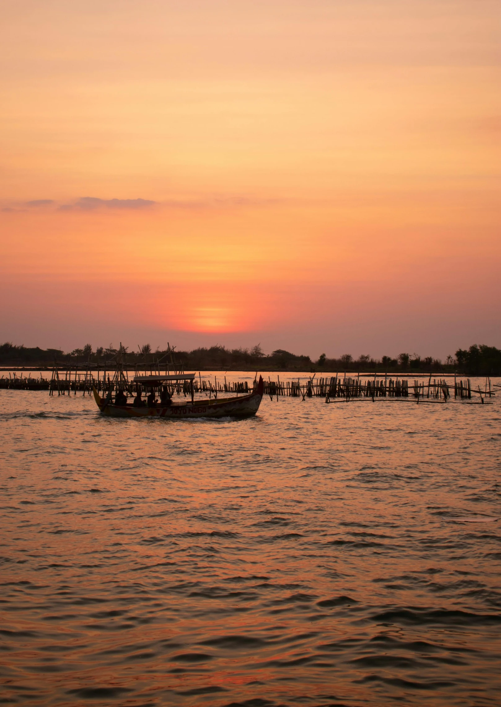 a boat that is sitting in the water, by Jan Tengnagel, pexels contest winner, happening, sunset panorama, cambodia, fish flocks, orange / pink sky