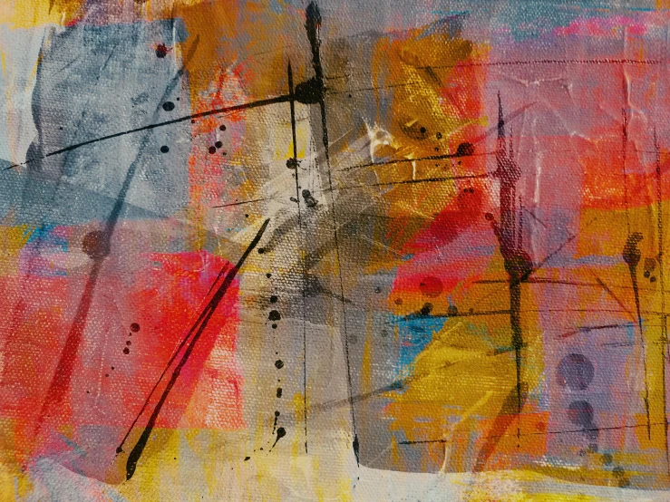 a close up of a painting on a piece of paper, trending on pixabay, abstract art, 144x144 canvas, geometrical shapes and lines, grungy; colorful, on a gray background