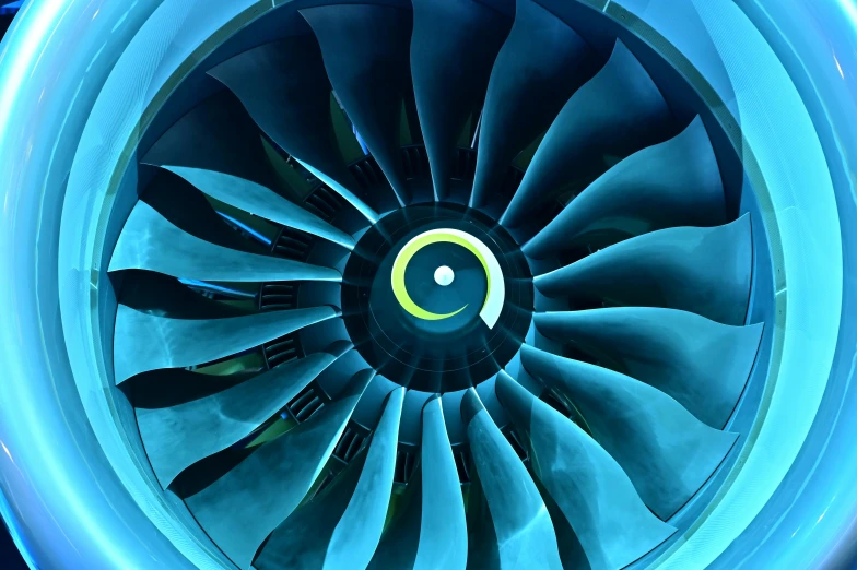 a close up of a jet engine on a plane, by David Donaldson, pexels contest winner, conceptual art, large blue engines, a green, avatar image, ilustration