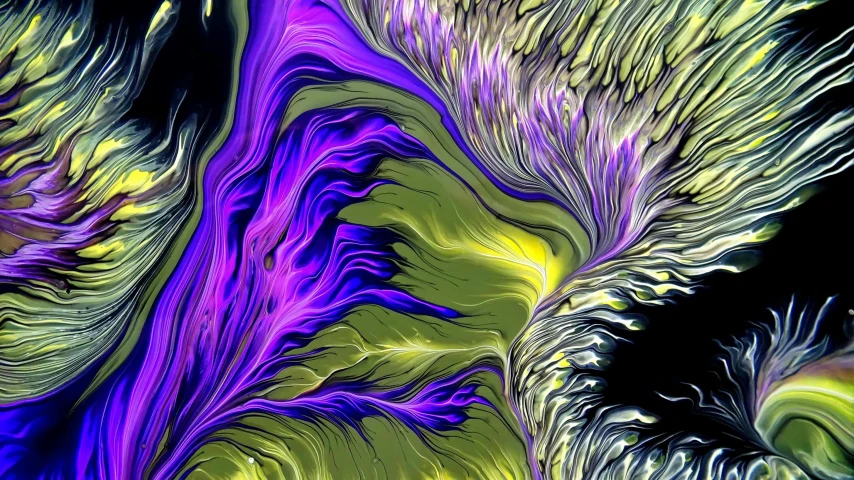 a close up of a colorful painting on a black background, a digital painting, generative art, made of liquid purple metal, yellow purple green, fractal algorightmic art, flowing lines