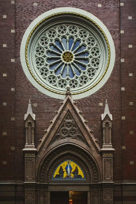 a couple of people that are standing in front of a building, by Damien Hirst, romanesque, boston, satanic church interior, round window, detailed filigree