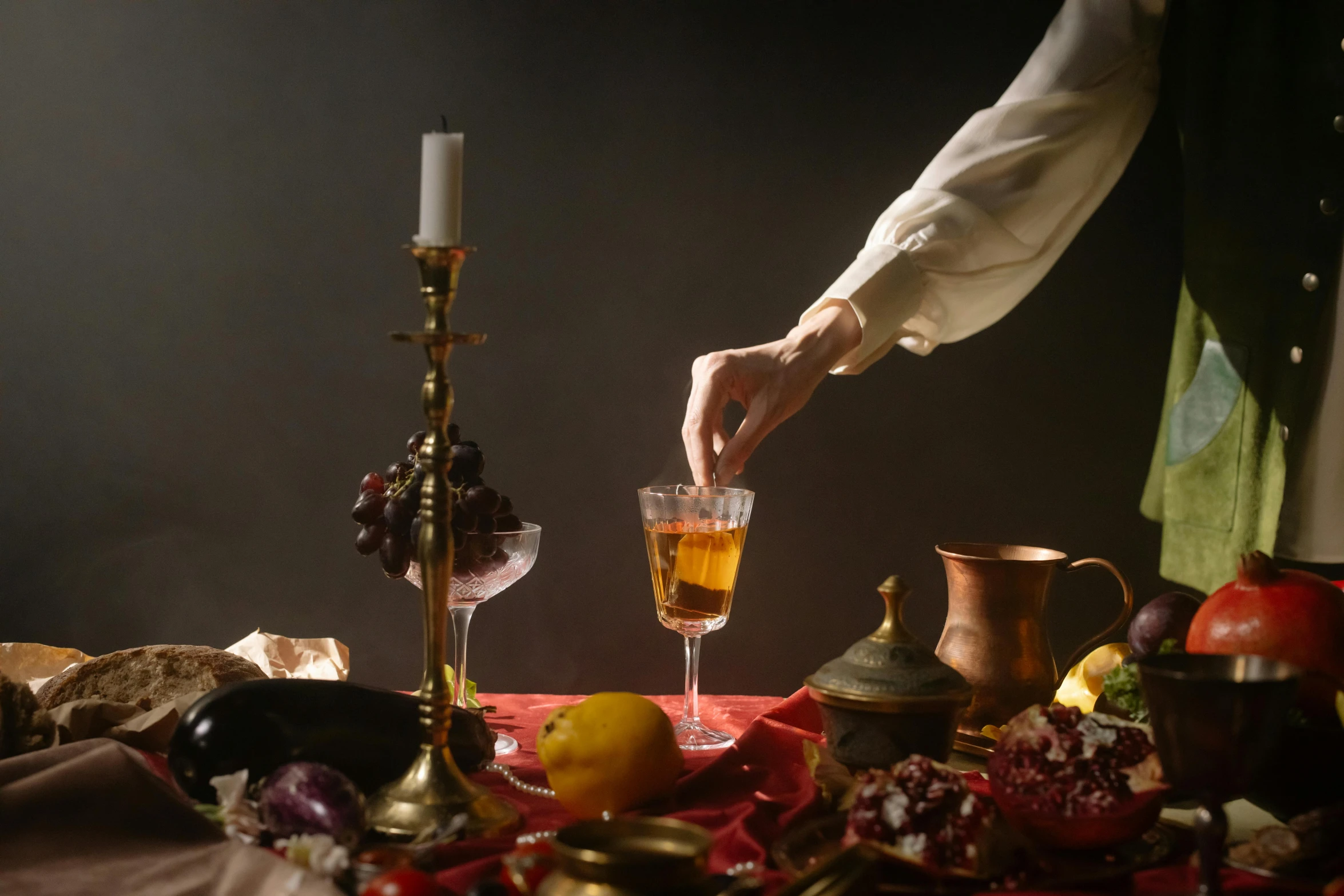 a person pouring wine into a glass on a table, a still life, inspired by Georges de La Tour, unsplash, renaissance, ottoman miniature style, pose 4 of 1 6, old fashioned, gentlemens dinner