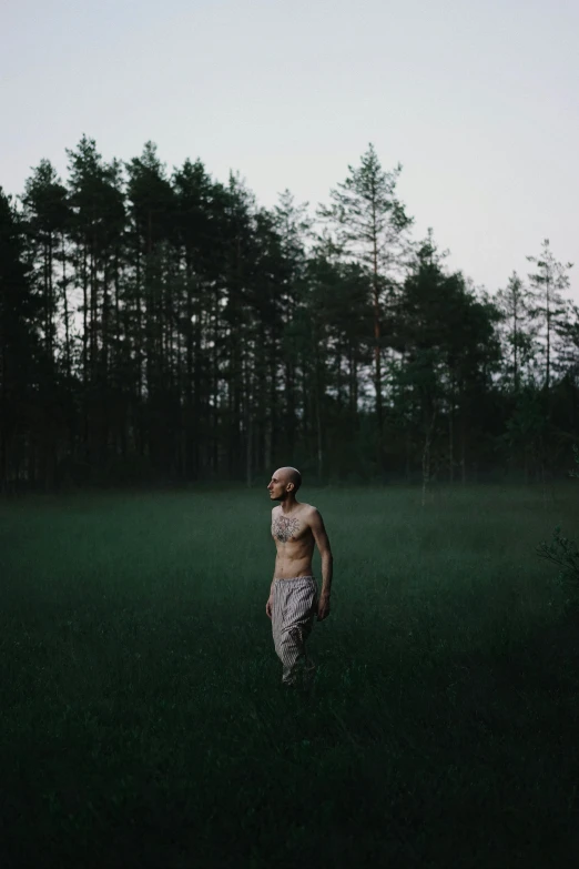 a man standing in a field with trees in the background, an album cover, by Attila Meszlenyi, unsplash contest winner, hairless, evening!! in the forest, non binary model, ukrainian monk