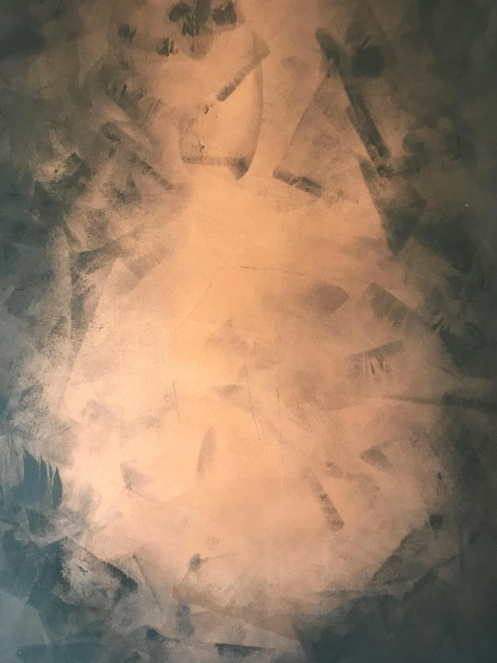 a painting of a woman in a white dress, a painting, inspired by Johann Kaspar Füssli, unsplash, metaphysical painting, (light orange mist), stippled light, ceiling, frost on the canvas