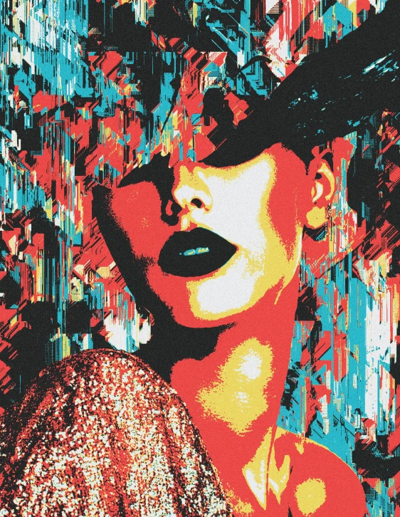 a painting of a woman wearing a hat, unsplash, pop art, portrait of ((charlize theron)), glitter gif, red and teal and yellow, noir effect