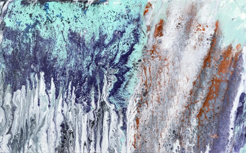 a close up of a painting on a wall, inspired by William Congdon, unsplash, lyrical abstraction, lava waterfalls, blue liquid and snow, birdseye view, dominant wihte and blue colours