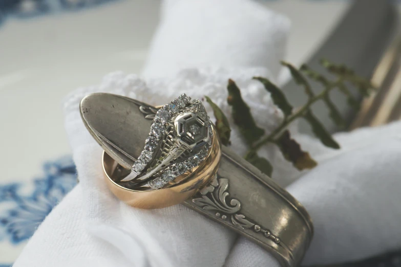 a close up of a wedding ring on a napkin, a still life, inspired by L. A. Ring, unsplash, renaissance, jewelled, victorian era, on display ”, various styles