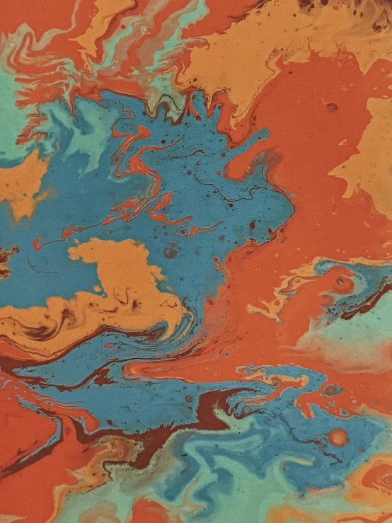 an abstract painting with orange, blue, and green colors, trending on reddit, marbling, zoomed out to show entire image, terracotta, ( ( ( koi colors ) ) )