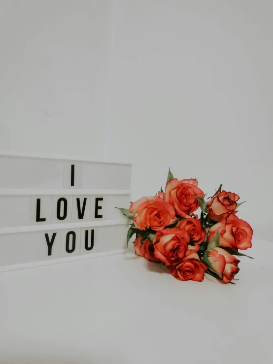 a bouquet of roses sitting next to a sign that says i love you, lightbox, aesthetic!!!!, accurate image, white and orange breastplate