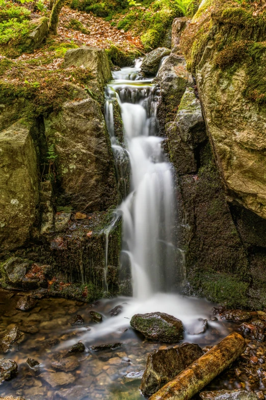 a small waterfall flowing through a lush green forest, by Leo Goetz, pexels contest winner, renaissance, tall big rocks, detmold, today\'s featured photograph 4k, mid fall