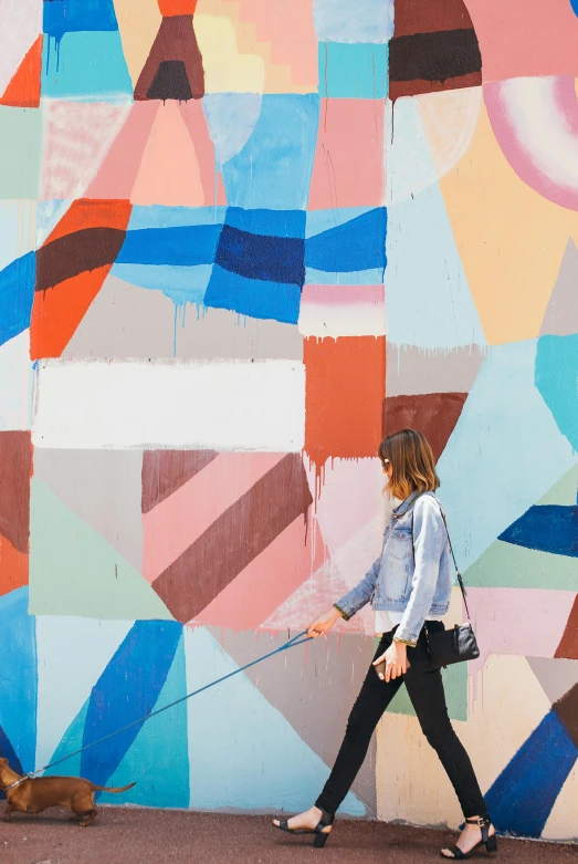 a woman walking a dog in front of a colorful wall, an abstract painting, trending on unsplash, interactive art, public works mural, patchwork-streak style, art print, half image