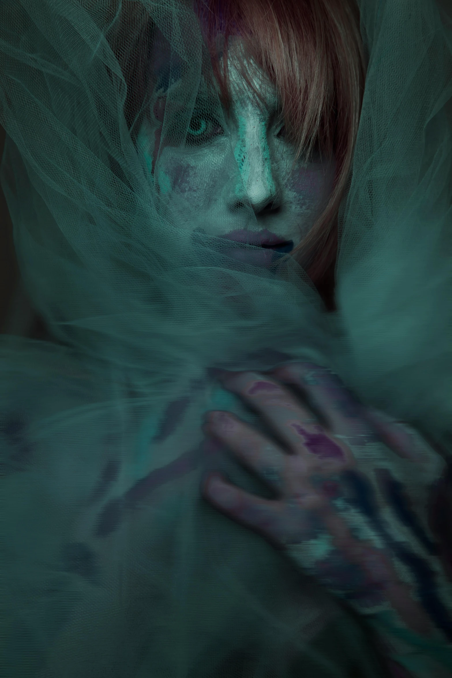 a woman with makeup and a veil covering her face, an album cover, inspired by Elsa Bleda, featured on cgsociety, colored feathers, ((greenish blue tones)), furr covering her chest, deviantart artstation cgscosiety