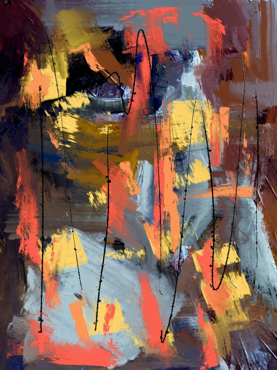 a close up of a painting of a dog, an abstract painting, inspired by Willem de Kooning, trending on pexels, lyrical abstraction, dark grey and orange colours, with glitch and scribble effects, abstract painting of man on fire, scribbled lines