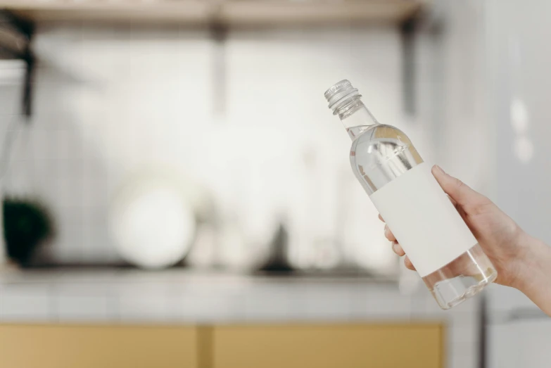 a person holding a bottle of water in their hand, by Andries Stock, unsplash, minimalism, realistic physical rendering, on kitchen table, white metallic, prototype