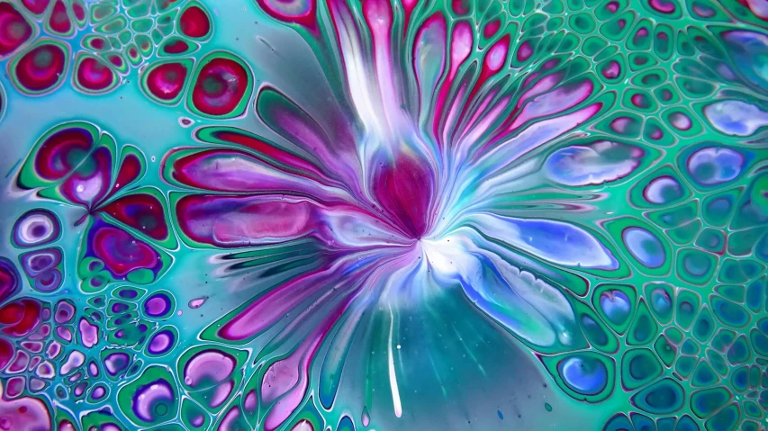 a close up of a painting of a flower, an airbrush painting, inspired by Ross Bleckner, turquoise pink and green, acrylic pour and splashing paint, fractal algorightmic art, inside a marble