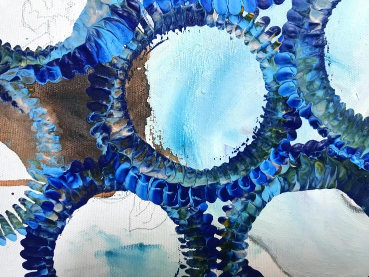 a close up of a painting of blue flowers, a detailed painting, inspired by Ross Bleckner, trending on unsplash, process art, portholes, crystalized scales, alcohol inks on parchment, 144x144 canvas