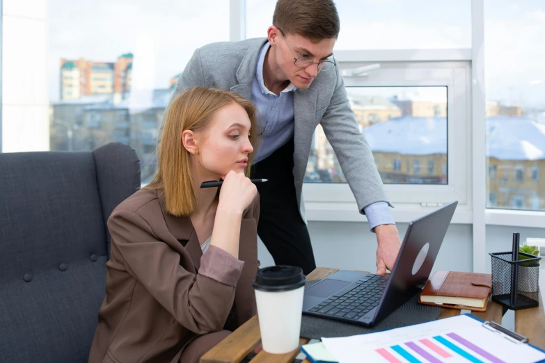 a man and a woman looking at a laptop, pexels contest winner, analytical art, office clothes, avatar image, sergey vasnev, low quality photo