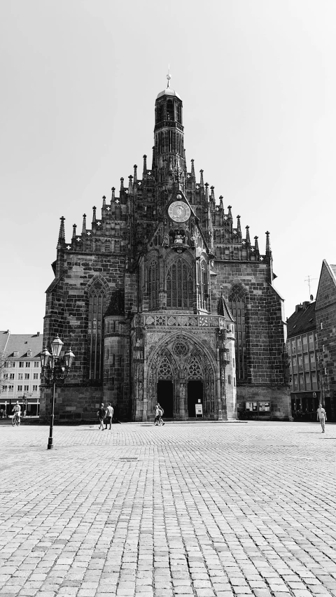 a black and white photo of a church, by Matthias Stom, nuremberg, detailed medium format photo, town square, :: morning