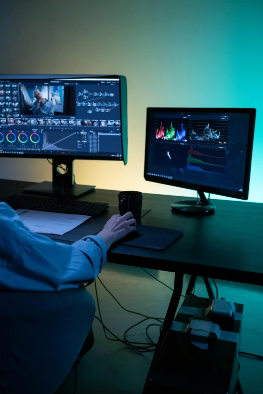 a man sitting at a desk in front of two monitors, a computer rendering, inspired by roger deakins, video art, rgb lighting, with professional lighting, graded with davinci resolve, photo taken in 2018