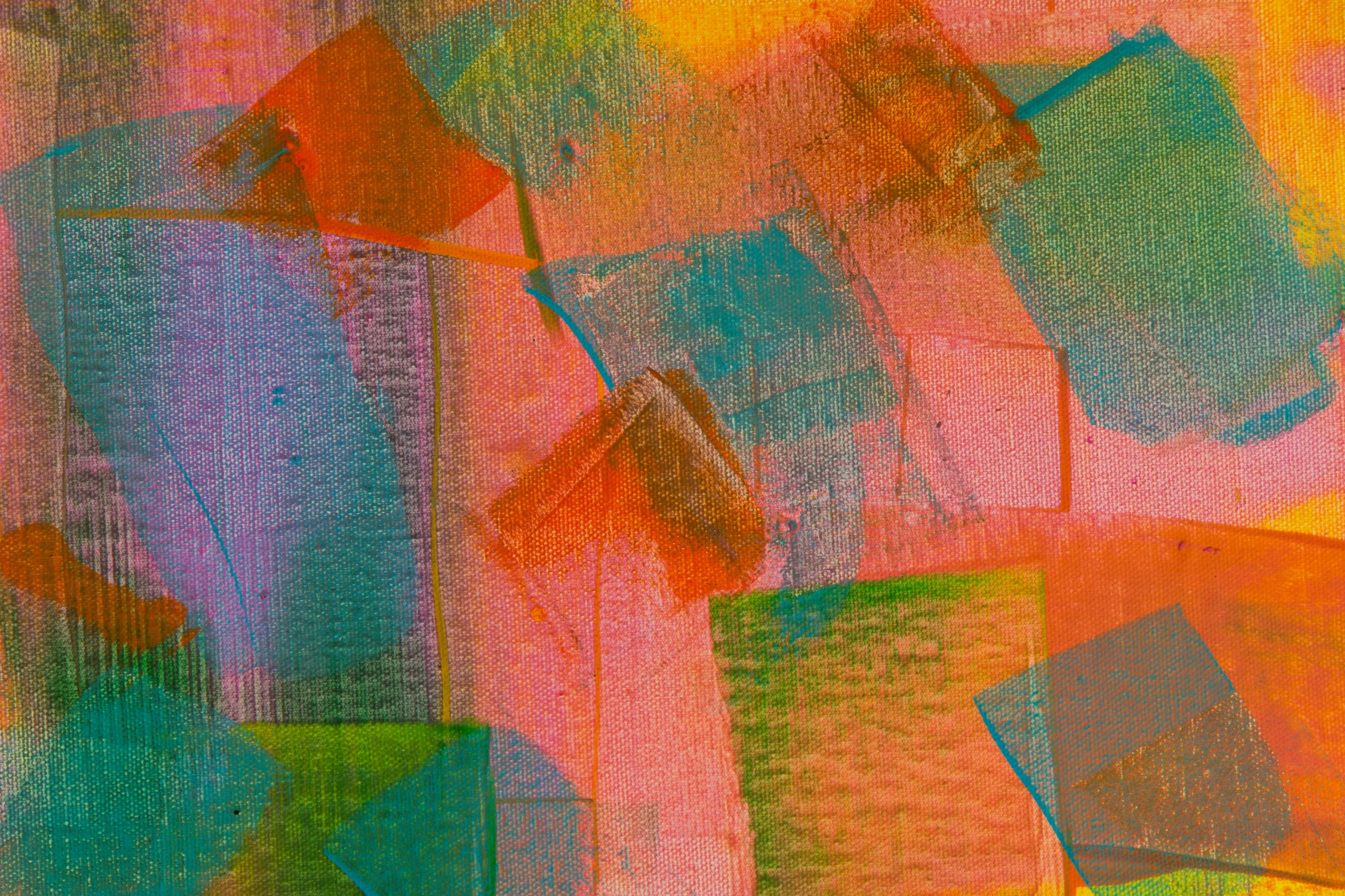 a painting with lots of different colors on it, inspired by Jacques Villon, pexels, synthetic polymer paint on linen, spray paint texture, pink and orange, klee