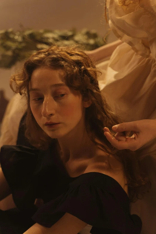 a woman is combing another woman's hair, an album cover, inspired by Alexandre Cabanel, trending on pexels, imogen poots, bouguereau. full-shot, [ theatrical ], stillframe