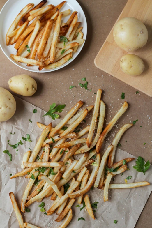 a bunch of french fries sitting on top of a table, award - winning crisp details ”, 3 - piece, herbs, petite