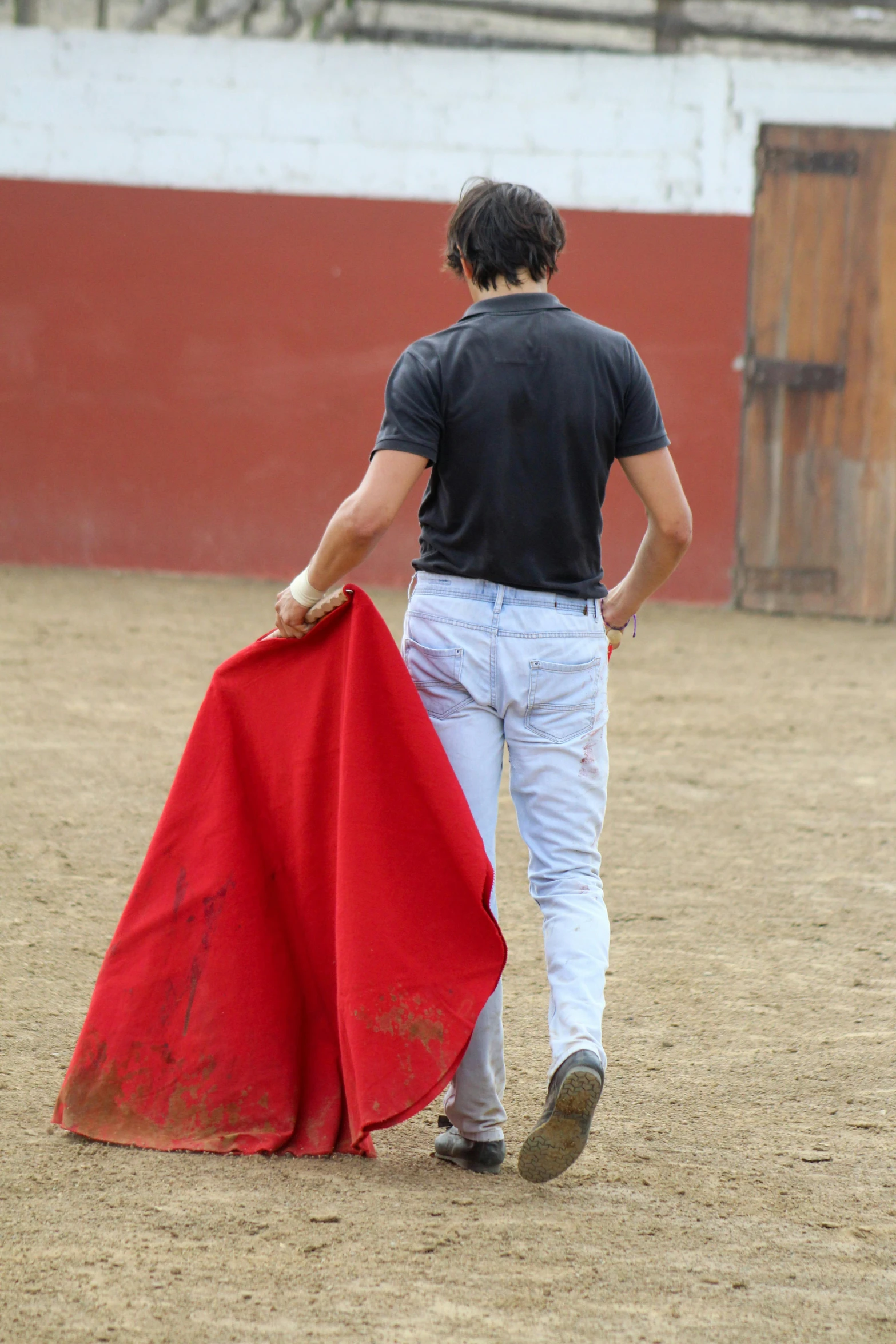 a man standing next to a bull with a red cape, walking away from camera, avan jogia angel, wearing farm clothes, red torn fabric