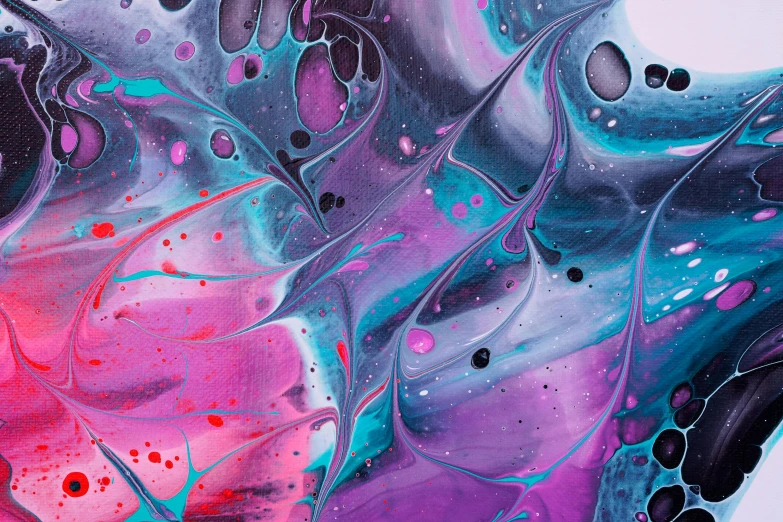 a close up of a painting on a wall, trending on pexels, abstract art, purple liquid, pink white turquoise, colourful slime, intricately