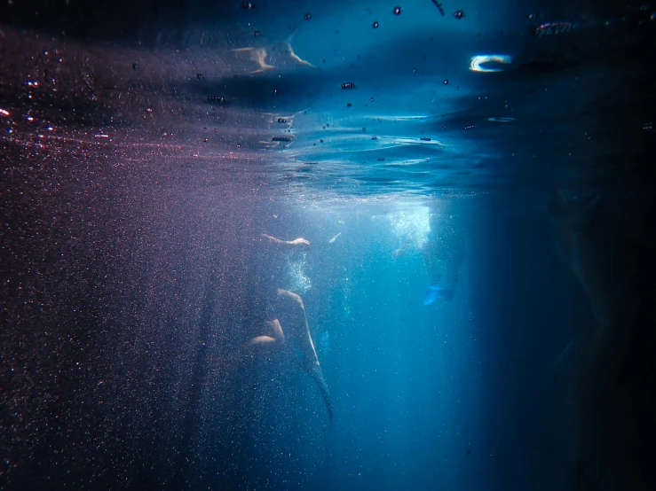 a couple of people swimming in the ocean, by Daniel Seghers, pexels contest winner, light and space, bubbly underwater scenery, obscured underexposed view, blueish, carnal ) wet