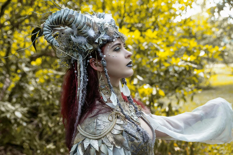 a close up of a woman wearing a costume, fantasy art, wearing a light grey crown, redwood forest themed armor, mythical creatures, cosplay