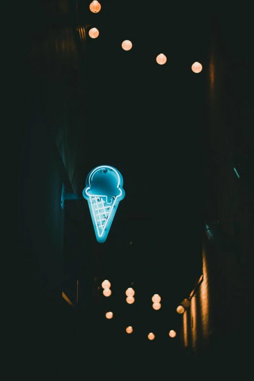 a neon sign hanging from the side of a building, unsplash contest winner, ice cream cone, dark. no text, high blue lights, alley