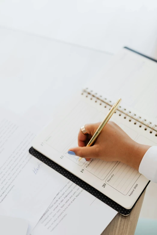 a person writing in a notebook on a desk, daily specials, white and gold color scheme, no - text no - logo, curated collections