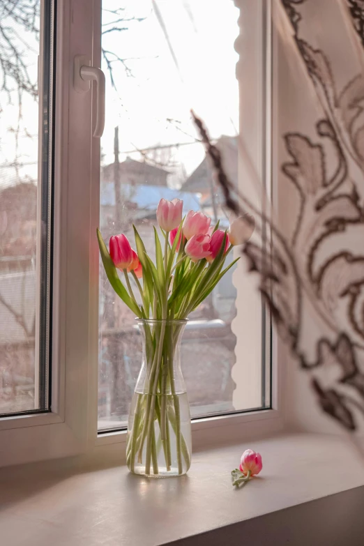 a vase filled with pink flowers sitting on a window sill, inspired by Judy Takács, romanticism, tulip