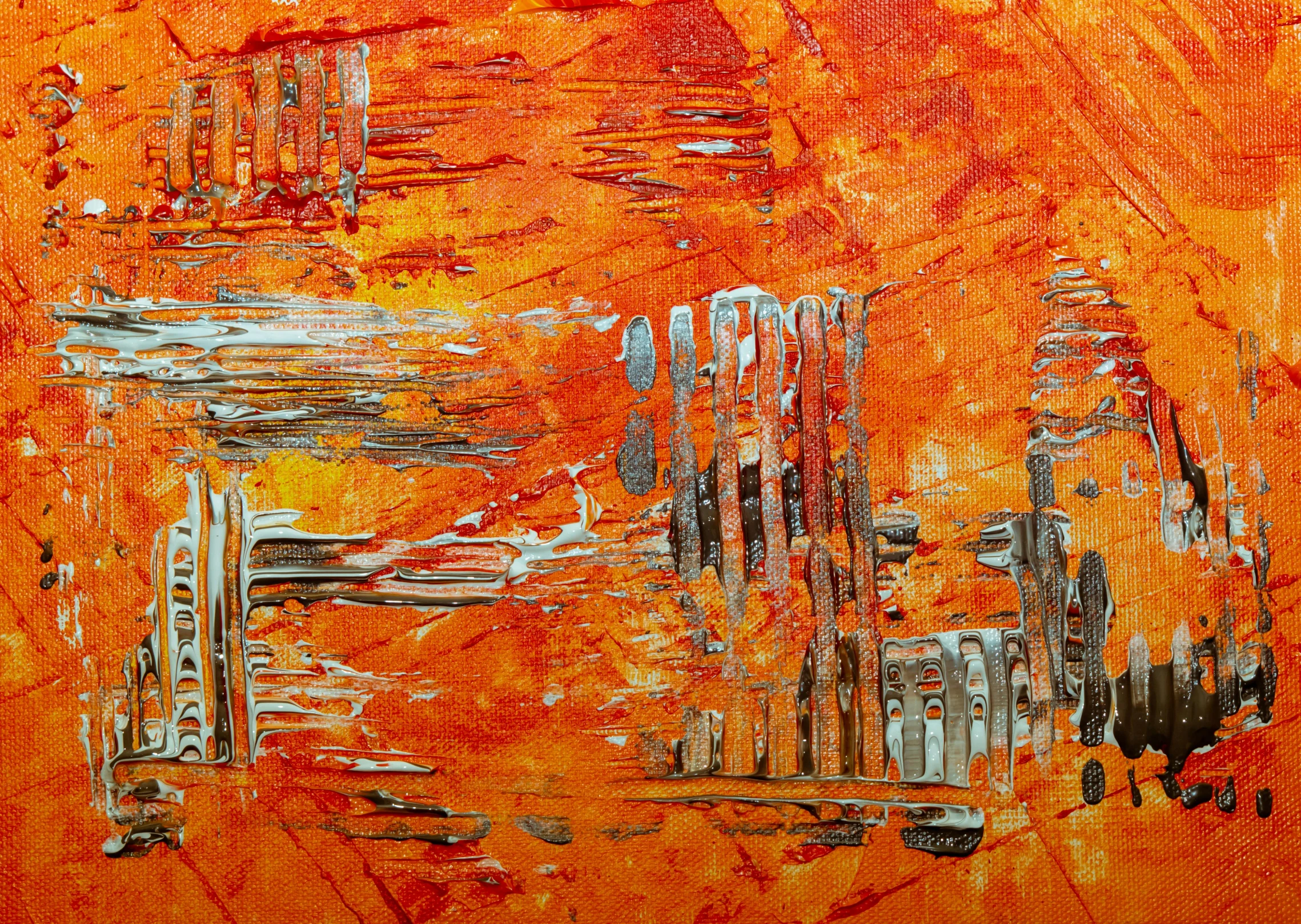 a painting of a city on an orange background, an abstract painting, by Elfriede Lohse-Wächtler, lyrical abstraction, metal, striations, detailed acrylic, hunting