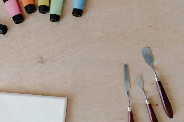 a white plate sitting on top of a wooden table, a minimalist painting, inspired by Kyffin Williams, trending on pexels, surgical implements, pastel palette silhouette, paint tubes, tools