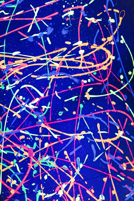 a close up of a piece of art on a table, inspired by Pollock, flickr, bursting neon stars, uv blacklight, (screen print), taken on an iphone