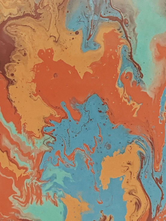 a close up of a painting on a wall, orange and blue colors, marbled swirls, an ai generated image, paint pour