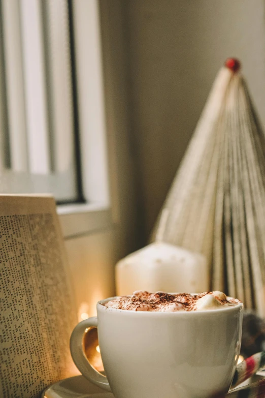 a cup of coffee sitting on top of a saucer, reading nook, holiday season, brown and cream color scheme, lit from behind