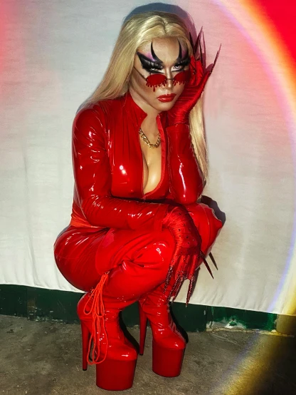a woman in a red latex outfit sitting on a stool, inspired by Louis Grell, featured on reddit, patron saint of 🛸🌈👩🏾, lady gaga harley queen, singularity sculpted �ー etsy, long claws