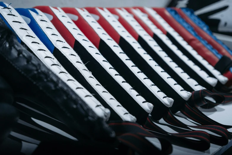 a row of red, white, and blue tennis racquets, unsplash, private press, red and black details, avatar image, felipe pantone, fanatec peripherals