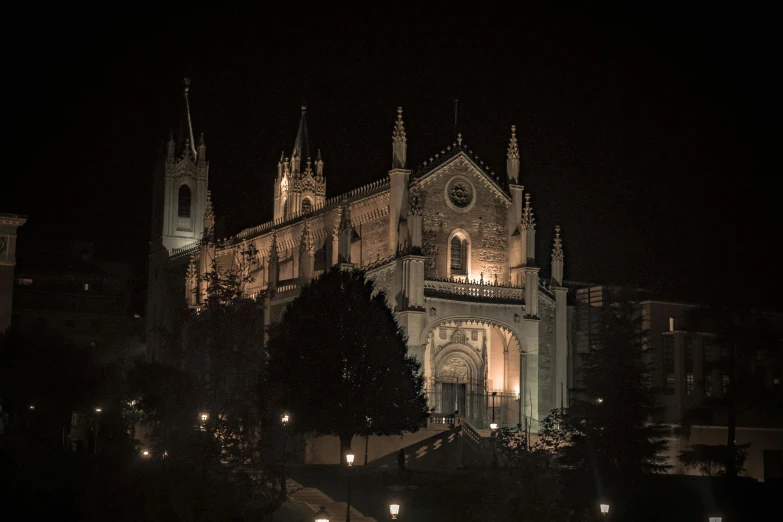 a very large cathedral lit up at night, by Alejandro Obregón, pexels contest winner, renaissance, arrendajo in avila pinewood, desaturated, 256x256, madrid