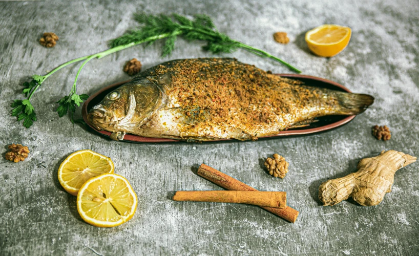 a fish that is sitting on a plate, ingredients on the table, promo image, very crispy, 2 0 2 2 photo