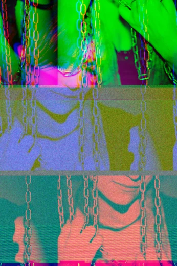 a woman sitting on top of a bed next to chains, flickr, video art, ((neon colors)), damaged webcam image, lsd face, ((greenish blue tones))