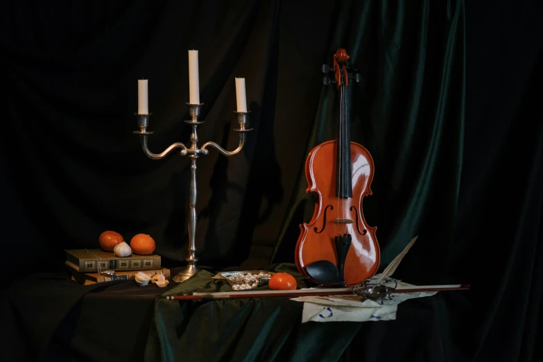 a violin sitting on top of a table next to a candelab, a still life, inspired by Michelangelo Merisi da Caravaggio, pexels contest winner, paul barson, baroque and rococo ornaments, rembrandt lighting scheme, willem claesz. heda