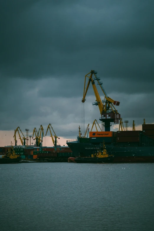 a large cargo ship sitting on top of a body of water, industrial aesthetic, peter the great, thumbnail, cranes